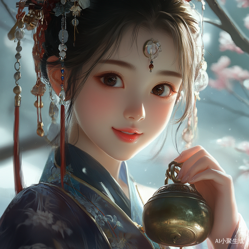 可爱女孩穿传统汉服持铃铛的唯美画作
