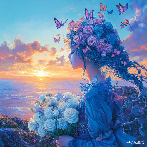 蓝色洛丽塔与夕阳下的玫瑰花