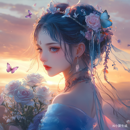 可爱的洛丽塔少女与玫瑰花和蝴蝶走向夕阳