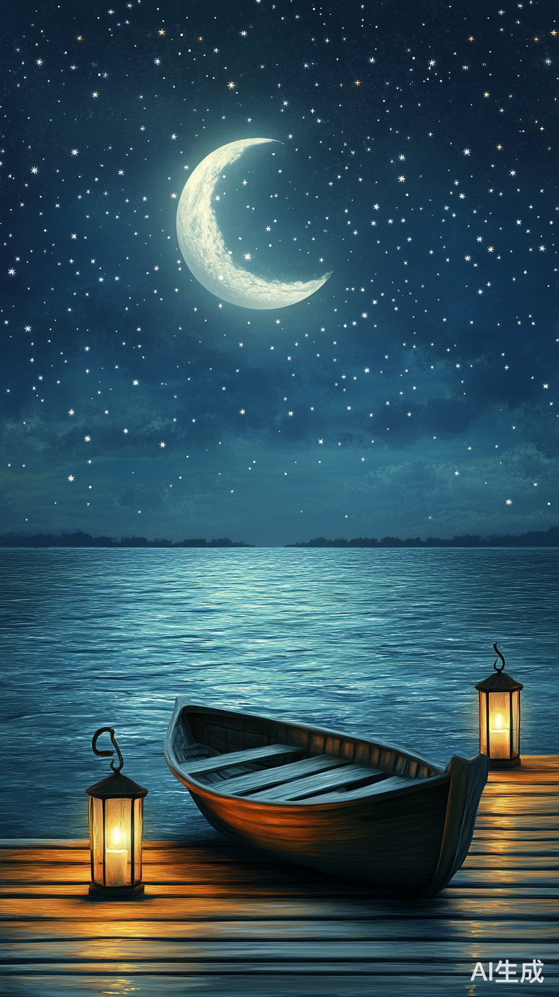 梦幻月夜下的奇幻海滨插画