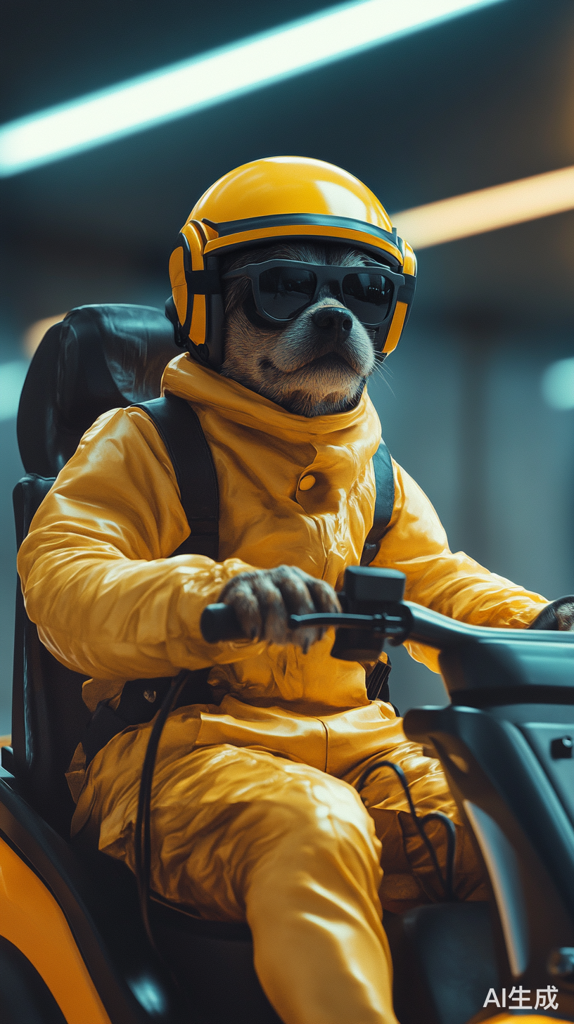 狗骑电动车送快递身穿黄色快递服与头盔