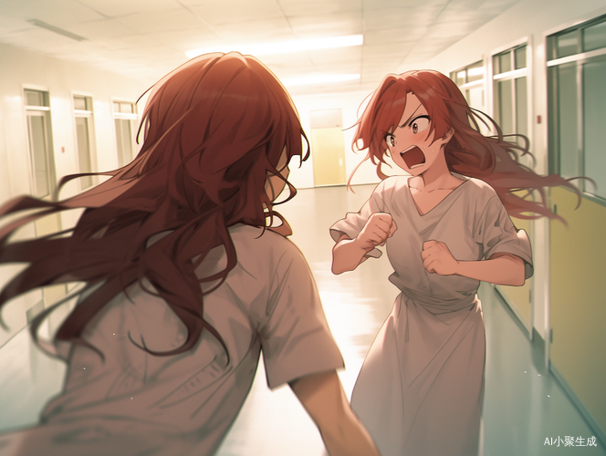 年轻女性在医院走廊疯狂打斗赤红头发病号服