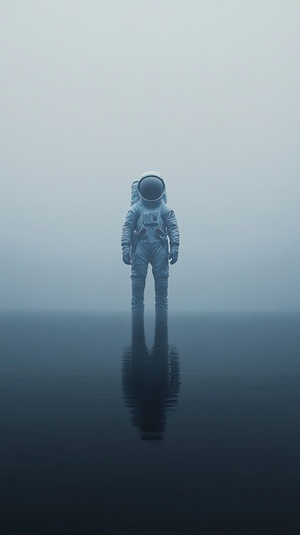 Solitary astronaut, engulfed in cosmic solitude, Minimalistic photography Description: In a minimalist photograph, a lone astronaut stands against the backdrop of infinite cosmic solitude. The artist's use of negative space and clean lines accentuates the isolation and insignificance of the figure. The astronaut, positioned in the center, emanates a sense of contemplation and vulnerability. The color palette is stark, with a monochromatic scheme that enhances the minimalist aesthetic. The lighting is so