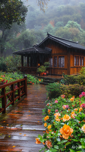 雨天山谷中的中式木屋与五彩花园小径