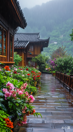 雨天山谷中的中式木屋与五彩花园小径