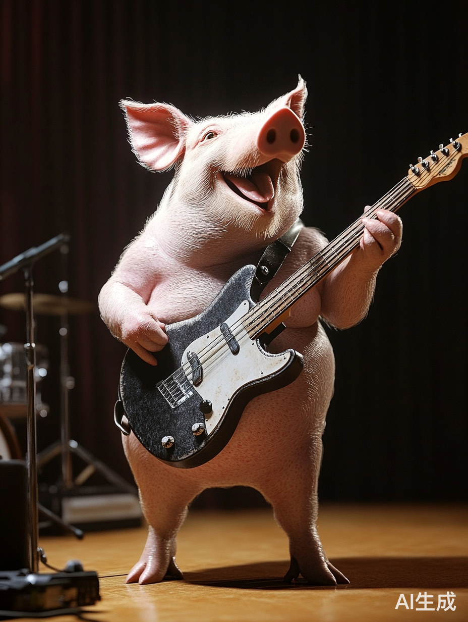 猪在舞台上弹吉他唱歌的搞笑表演