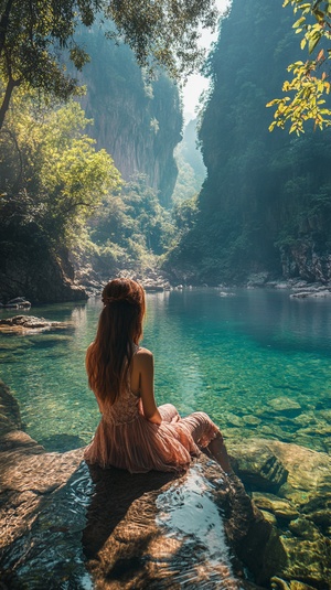 峡谷，河流，树木植物，一位中国美少女穿着比基尼在河里洗澡，清澈的河水，8K，高清写真