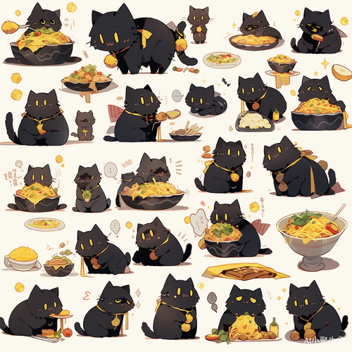 可爱的胖黑猫吃面条和玉米的卡通手绘