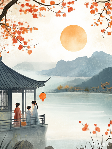 中秋佳节家庭团聚月饼香桂花盛照