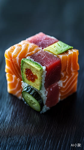 Sushi Rubiks Cube Artfully Assembled on Dark Wooden Table