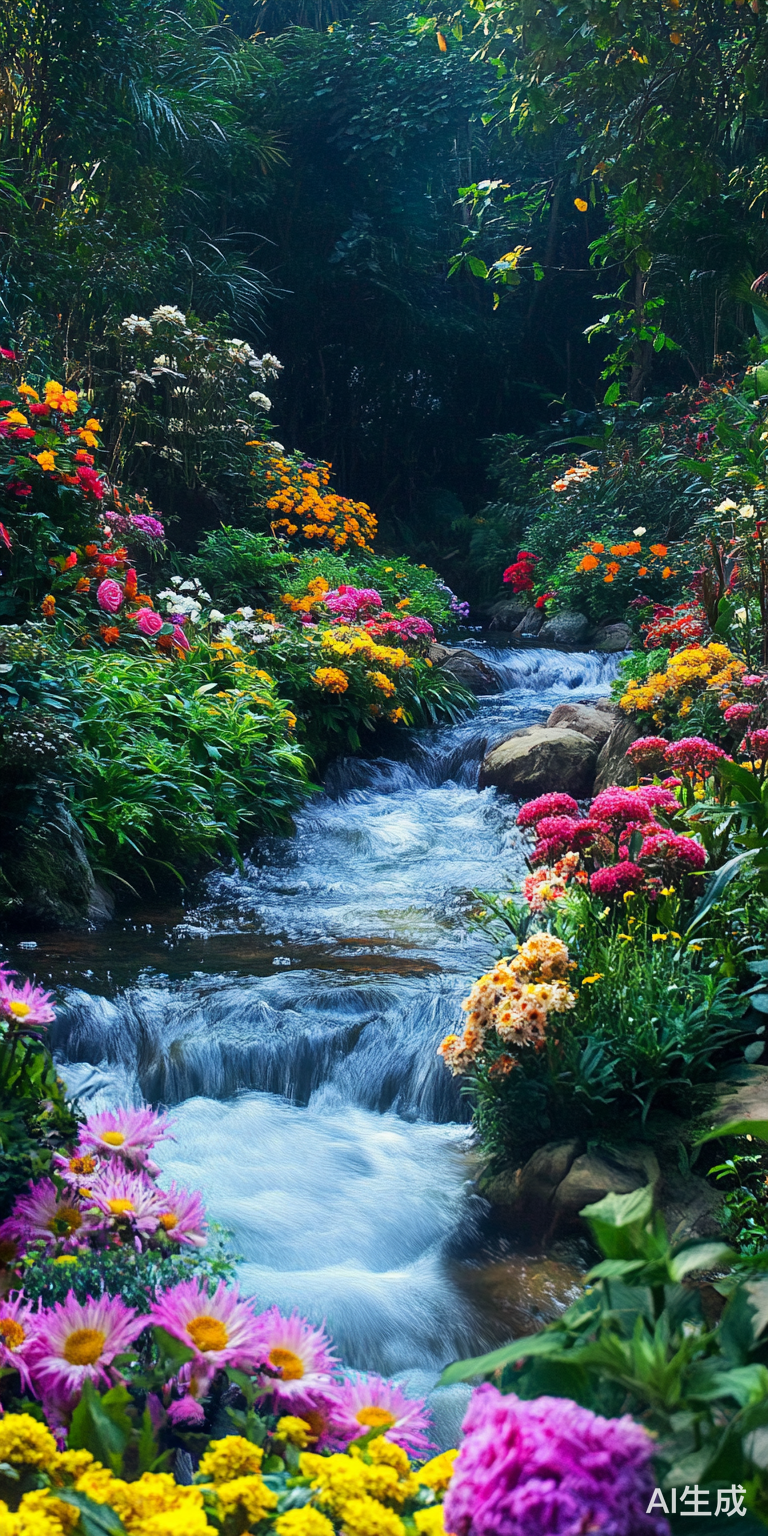 五颜六色花朵争相开放的大花园与流淌的河流