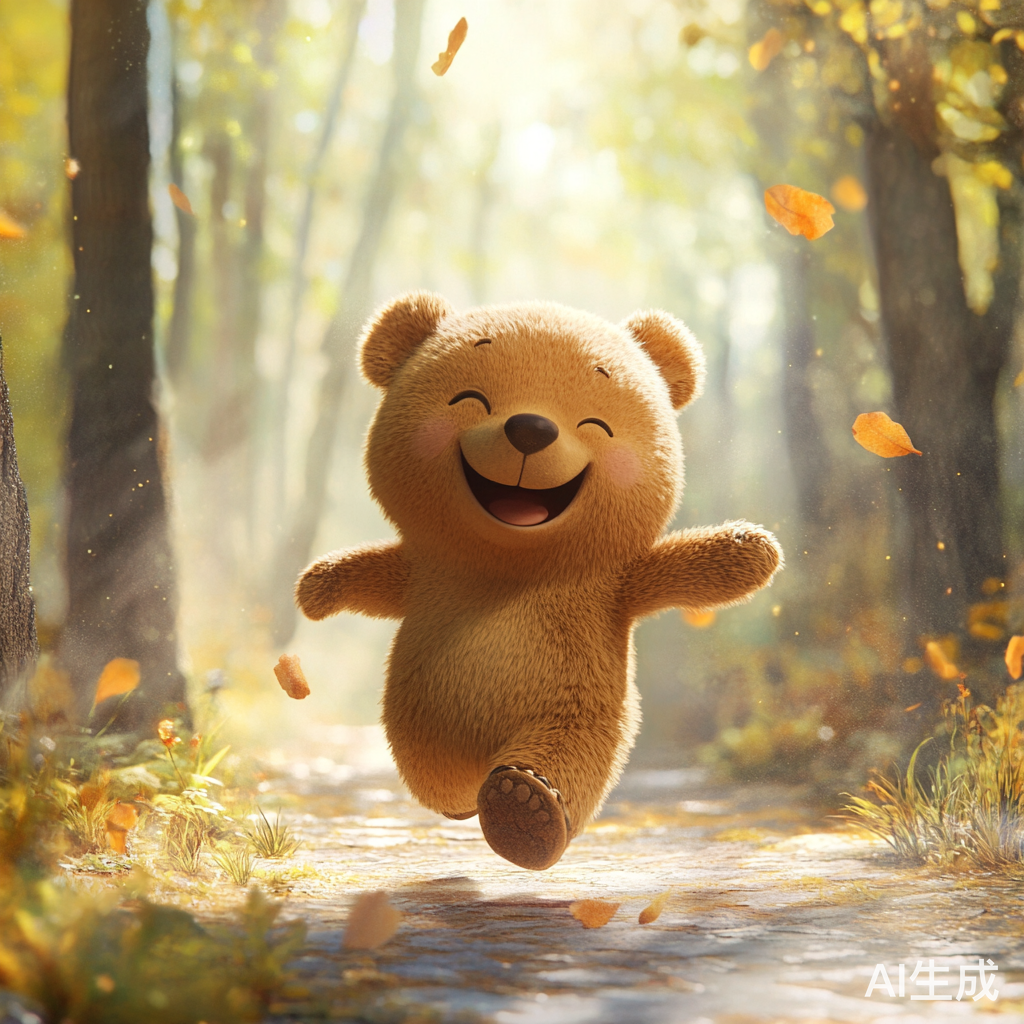 可愛小熊在陽光森林裡快樂慢跑分享愉悅心情