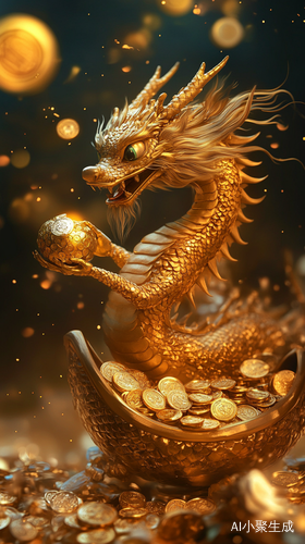 龙年吉祥可爱插画小金龙与聚宝盆壁纸