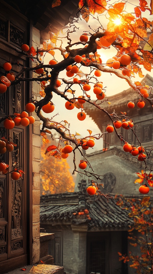 In autumn, the setting sun shines on an orangepersimmon tree with many red and yellow fruits hangingin front of the ancient building. The branches reachedout and touched each other as if they were dancinggracefully. Between them is the sunset. It creates a sceneof beauty that gives a sense of tranquence and joy.Realistic style, minimalist style, HD photography