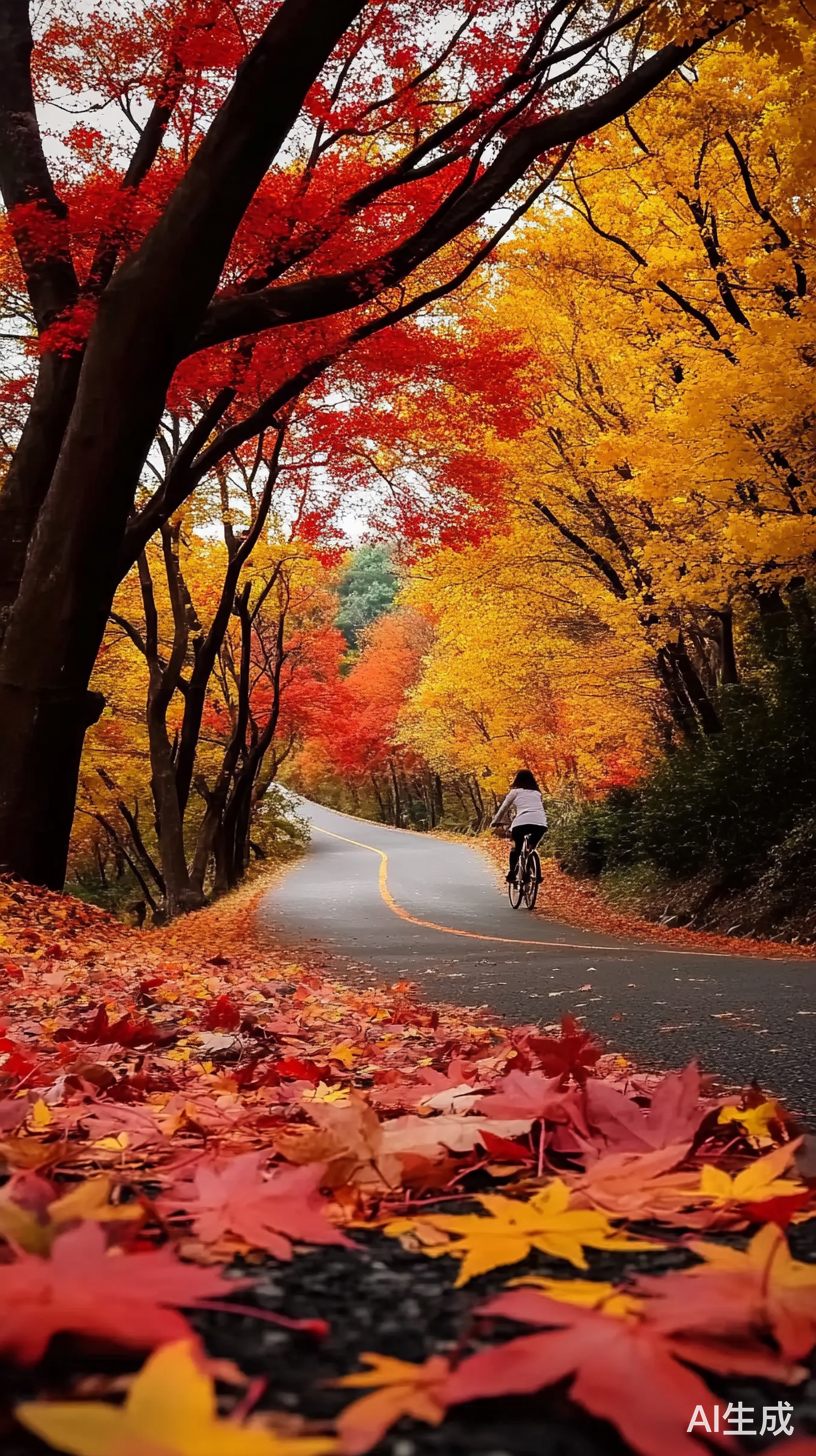 红黄枫叶树林中的白衣少女骑行图