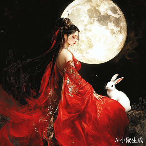 红衣嫦娥与飘逸衣服下的月亮与兔子