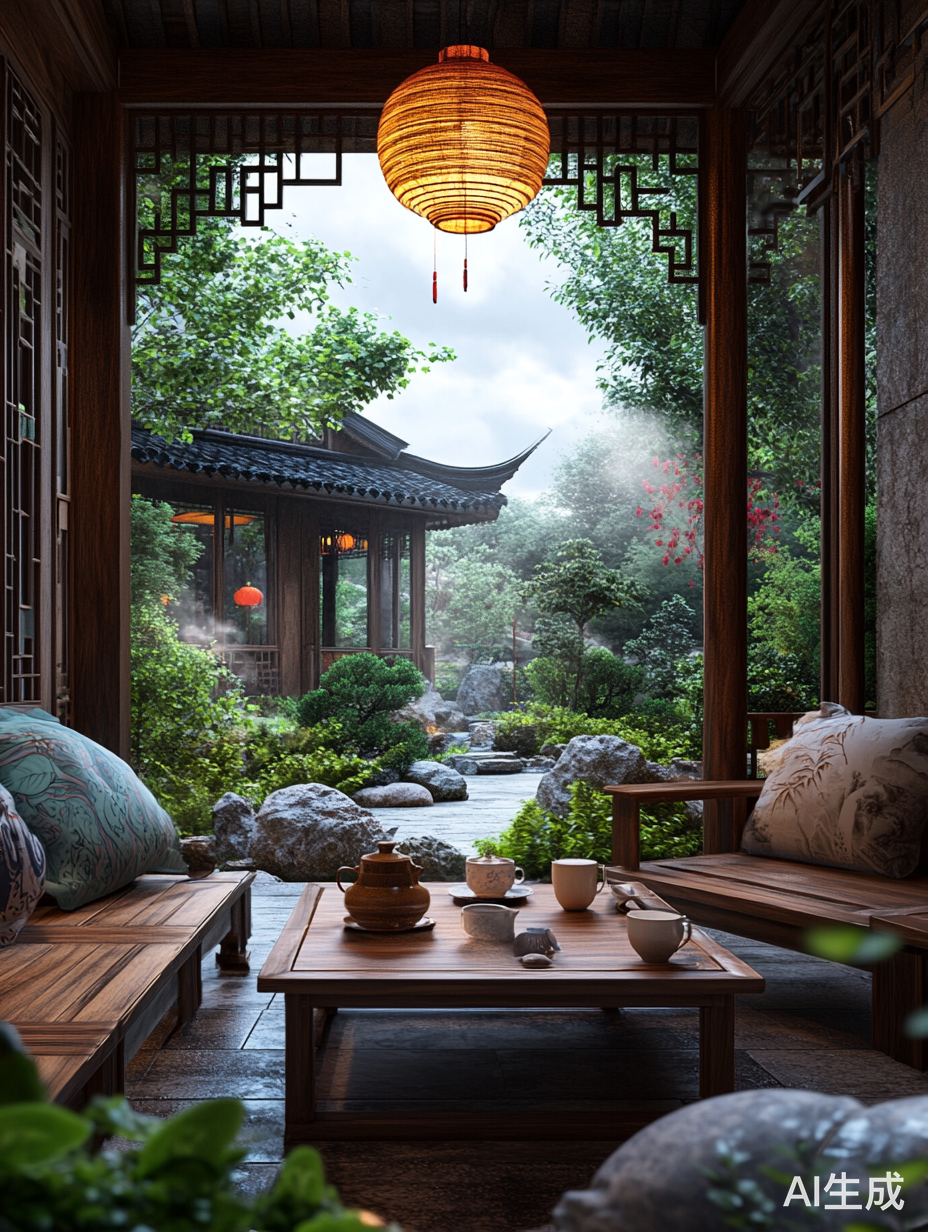 温馨中式庭院茶馆的茶几与中国山水画