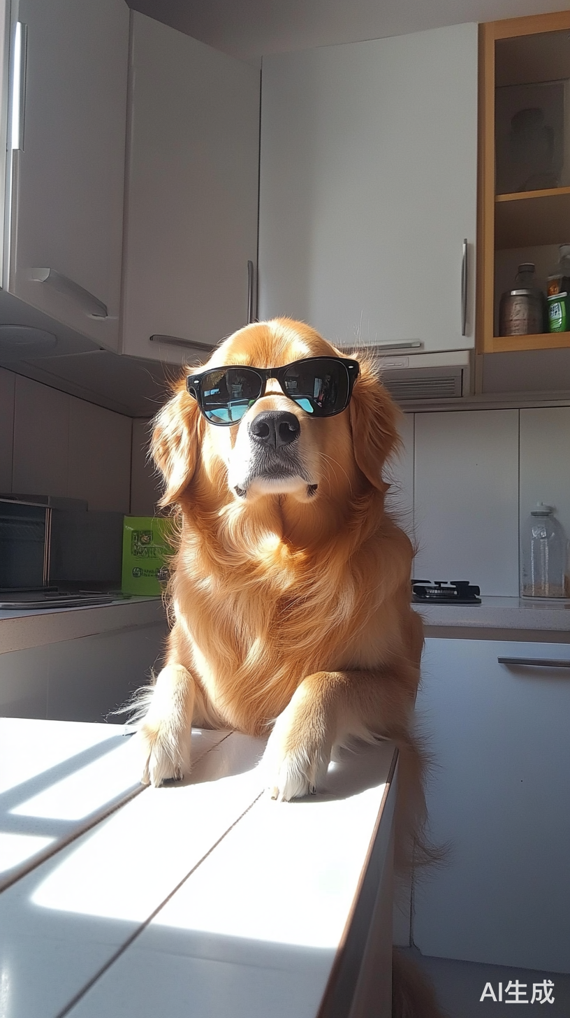 墨镜狗在厨房里乐切菜