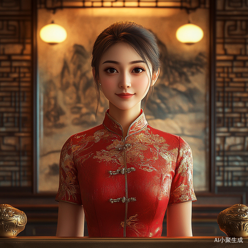8K分辨率美丽中国女白领站在公司前台的精致画作