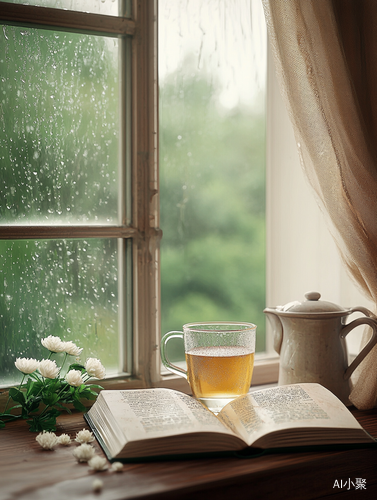 书桌上的菊花茶与雨丝的治愈景致