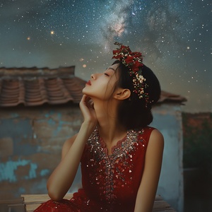 彝族女子在星空下的宁静华丽瞬间