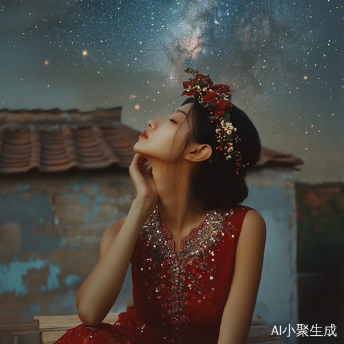 彝族女子在星空下的宁静华丽瞬间