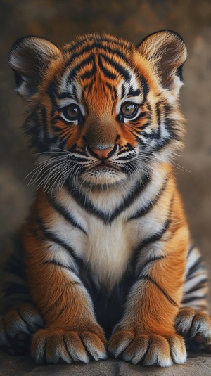 A 2 month old golden tiger cub sitting on its hind legs, with a huge bulging belly::3 , huge belly::2 , cute and adorable, looking at the viewer, sofa, window, bright photography style， ar 3:4 s 250 v 6.1