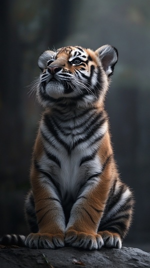 A 2 month old golden tiger cub sitting on its hind legs, with a huge bulging belly::3 , huge belly::2 , cute and adorable, looking at the viewer, sofa, window, bright photography style， ar 3:4 s 250 v 6.1