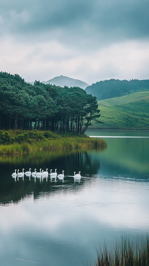 全景 平静的湖面，远处是青山绿树，一群洁白的鹅悠然自得地在湖中嬉戏