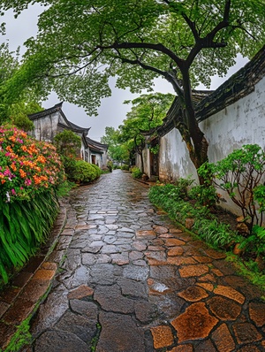 after the rain, jiangnan style house, ancient trees, wet stone road, on both sides are a variety of colors competing flowers, air humid, depth, super high definition, wide angle, panorama s 300