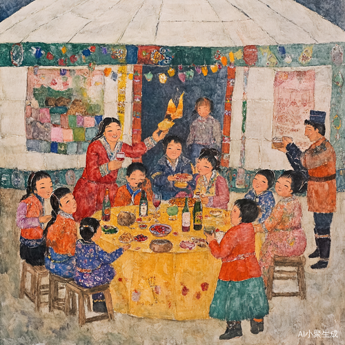 蒙古族儿童画展示蒙古包内招待宾客情景