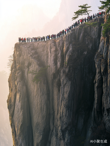 阳光明媚的清晨登山队伍