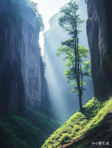 春天山上晨光中的自然美景