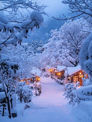 Real landscape shooting, master-level shooting, this is a beautiful snow scene, the village is covered with heavy snow, white camphor trees, ice flowers, many bungalows and trees are covered with thick snow, the snowflakes dance under the illumination of orange street lights, the background is blue , the perspective is surreal, the angle is super wide, the photography is bright and soft, the artistic conception is beautiful, high definition, 8k