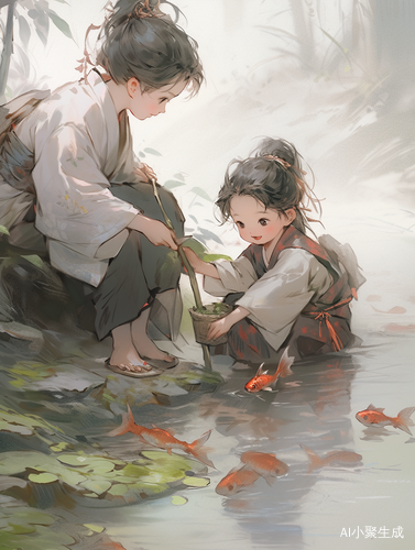中国小女孩与小男孩池塘捉泥鳅的快乐时光