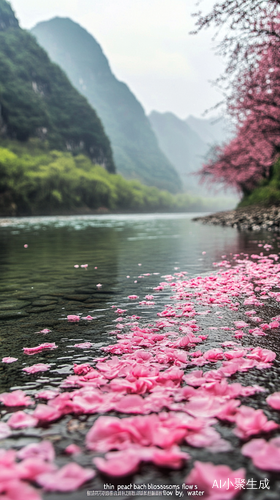 清澈河流与桃花飘落的唯美景象