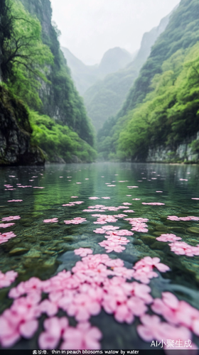 清澈河流与桃花飘落的唯美景象