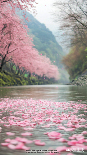 清澈河流与桃花飘落的唯美景象