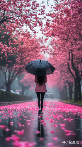 粉色花海中的细雨漫步女孩