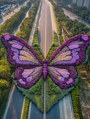 A huge butterfly-shaped floral art installation on the highway in Shenzhen, made of flowers and plants. An aerial photography perspective shows a purple and green toned, symmetrical composition with a city background. A wide-angle lens captures the natural light and bird's eye view of the elegant colors.