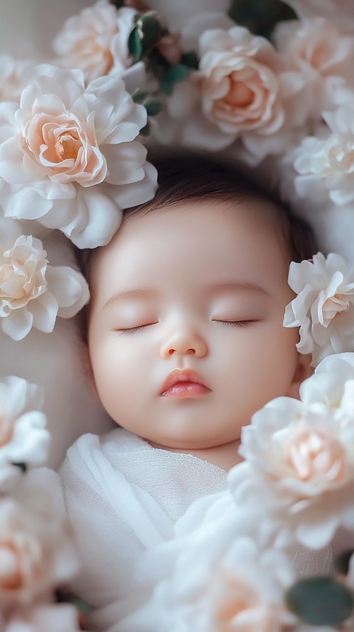 Close-up of face，A newborn Chinese baby, eyes closed, white skin, rosy face, white swaddling clothes, surrounded by dreamy rose flowers, with some light coming in from the side against a dreamy white background, the composition is beautiful, rich and bright