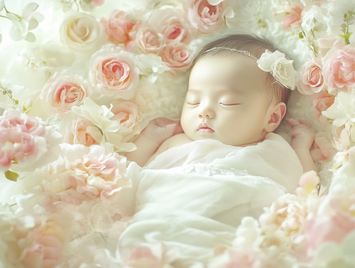 Close-up of face，A newborn Chinese baby, eyes closed, white skin, rosy face, white swaddling clothes, surrounded by dreamy rose flowers, with some light coming in from the side against a dreamy white background, the composition is beautiful, rich and bright