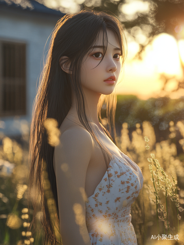 夕阳下的实习导演年轻女孩与别墅的远景全身相