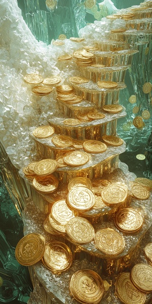 A large number of gold foil gold coins are scattered on the angel's spiral staircase and the transparent pink crystal staircase, There are a large number of gold coins on the stairs, in a luminous and dreamy scene style, sparkling reflections, 整体构图简洁而又充满活力，自然光，玻璃质感，闪闪发光