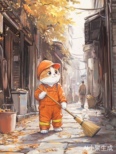 街道橘白色猫咪穿工装扫落叶的温馨画面
