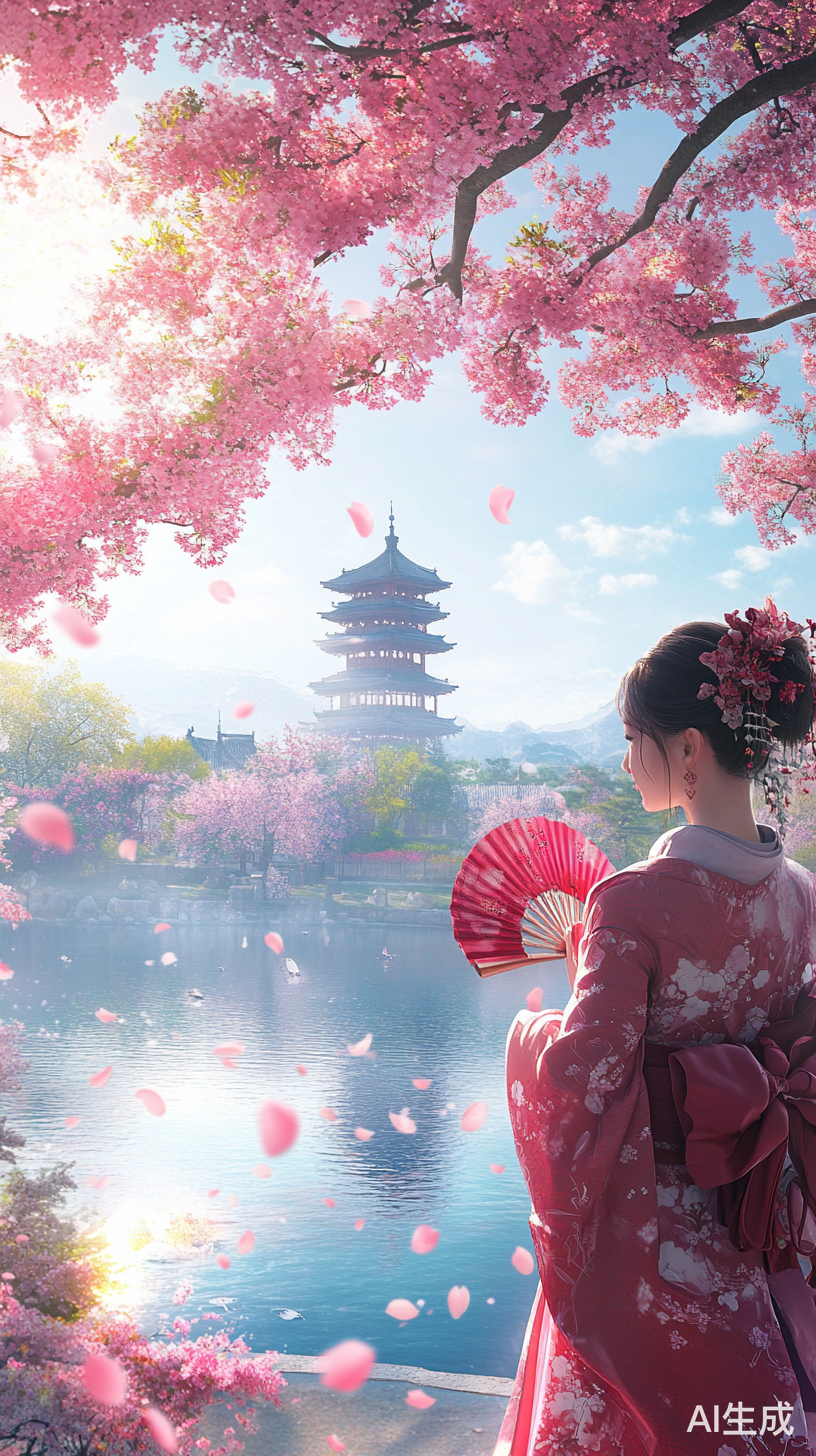 樱花盛开湖畔倩影温馨浪漫