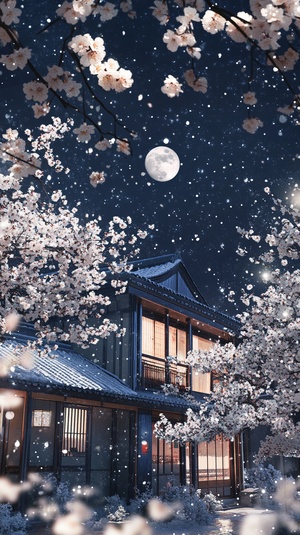 A blue-tiled house in the distance, white plum blossoms blooming under it, snowflakes falling on them, trees covered with silver leaves and flowers next to them, and the moon hanging high above its head. The scene is full of architecture in the style of Chinese style, with high definition and bright colors. It has an anime aesthetic, oil painting effects, and a glowing background