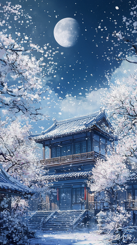 蓝瓦房远景白梅花和雪花中的中国风景