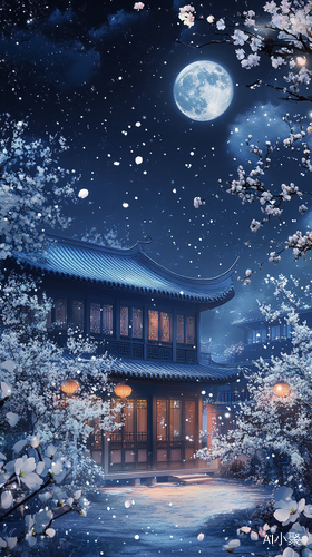 蓝瓦房远景白梅花和雪花中的中国风景