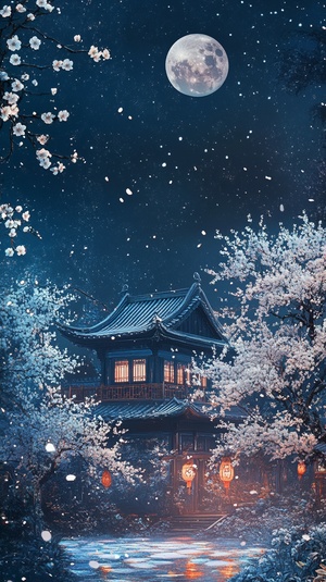 A blue-tiled house in the distance, white plum blossoms blooming under it, snowflakes falling on them, trees covered with silver leaves and flowers next to them, and the moon hanging high above its head. The scene is full of architecture in the style of Chinese style, with high definition and bright colors. It has an anime aesthetic, oil painting effects, and a glowing background